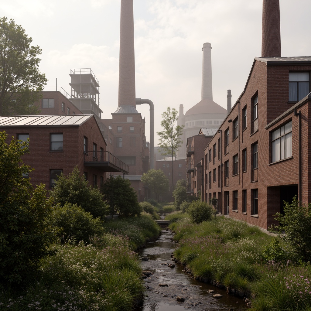 Prompt: Industrial factory complex, rustic brick buildings, corrugated metal roofs, worn concrete walls, vintage machinery, abandoned chimneys, overgrown vegetation, wildflowers, meandering streams, misty atmosphere, soft warm lighting, shallow depth of field, 3/4 composition, panoramic view, realistic textures, ambient occlusion, regionalism-inspired architecture, modern industrial design, functional spaces, exposed ductwork, metal catwalks, reclaimed wood accents, earthy color palette, natural stone pathways, weathered steel bridges.