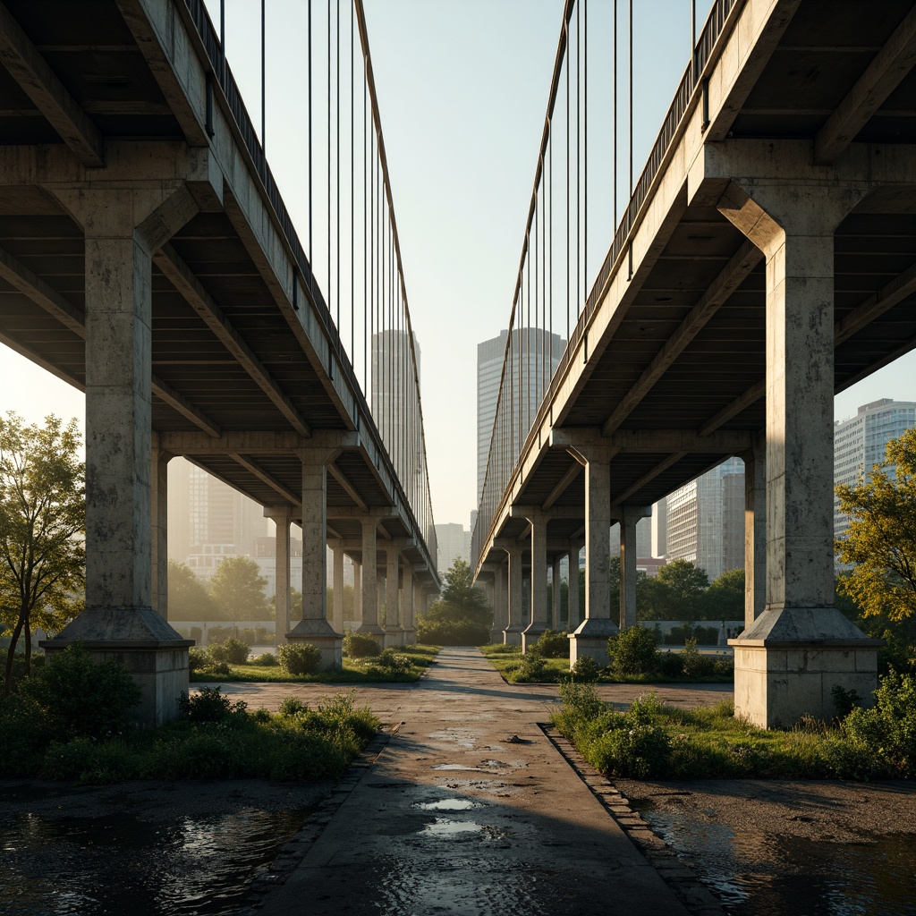 Prompt: Rustic steel bridges, industrial-era aesthetic, weathered metal textures, earthy tones, muted greens, blues and grays, warm golden lighting, misty atmospheric effects, dramatic shadows, 3/4 composition, cinematic view, realistic reflections, ambient occlusion, urban cityscape, riverbank setting, lush vegetation, natural stone piers, modern architectural elements, sleek cable systems.