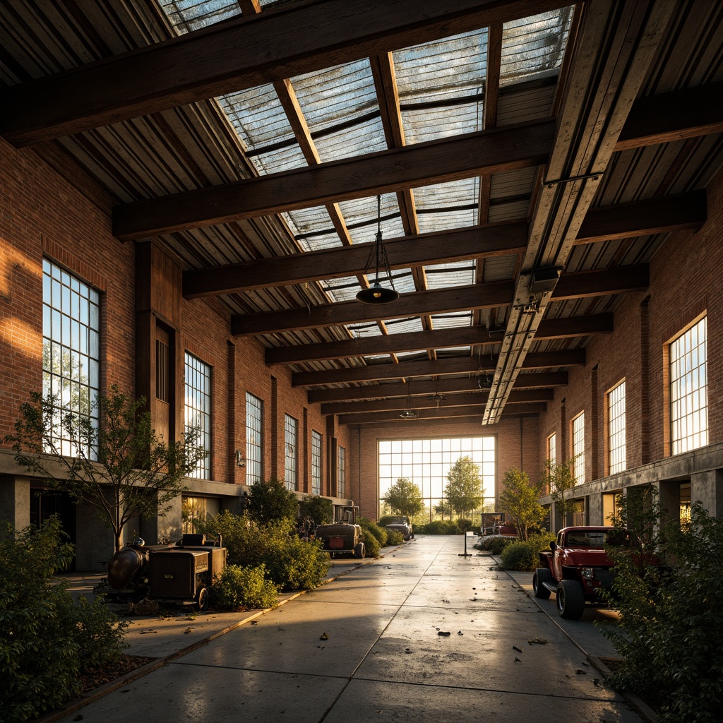 Prompt: Rustic industrial landscape, abandoned factories, distressed brick walls, corrugated metal roofs, worn wooden beams, vintage machinery, urban decay, overgrown vegetation, gritty urban atmosphere, warm golden lighting, shallow depth of field, 1/2 composition, cinematic view, realistic textures, ambient occlusion, nostalgic mood, retro-futuristic elements, exposed ductwork, concrete floors, steel columns, reclaimed wood accents, industrial chic aesthetic.