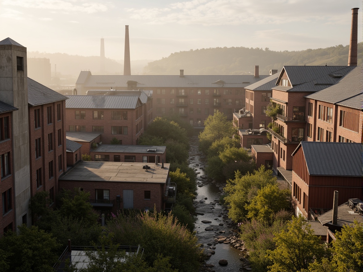 Prompt: Industrial factory complex, rustic brick buildings, corrugated metal roofs, worn concrete walls, vintage machinery, abandoned chimneys, overgrown vegetation, wildflowers, meandering streams, misty atmosphere, soft warm lighting, shallow depth of field, 3/4 composition, panoramic view, realistic textures, ambient occlusion, regionalist architectural style, functional simplicity, earthy color palette, distressed finishes, reclaimed wood accents, metal cladding, industrial heritage, nostalgic ambiance.