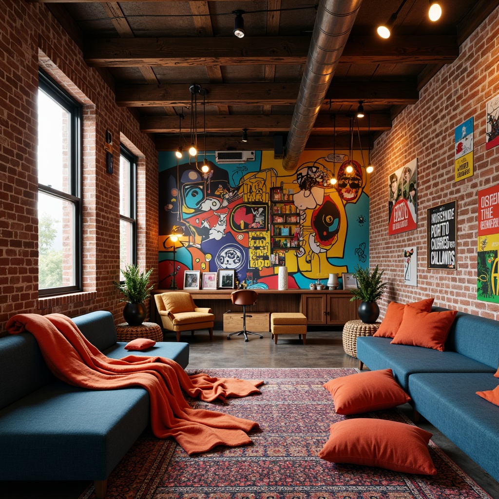 Prompt: Vibrant dormitory interior, eclectic mix of textures, distressed wood accents, industrial metal beams, exposed brick walls, bold colorful graffiti, abstract geometric patterns, plush shag rugs, retro-inspired furniture, neon-lit signage, futuristic LED lighting, avant-garde sculptures, unconventional art pieces, cozy reading nooks, oversized pillows, soft warm lighting, shallow depth of field, 1/1 composition, realistic textures, ambient occlusion.