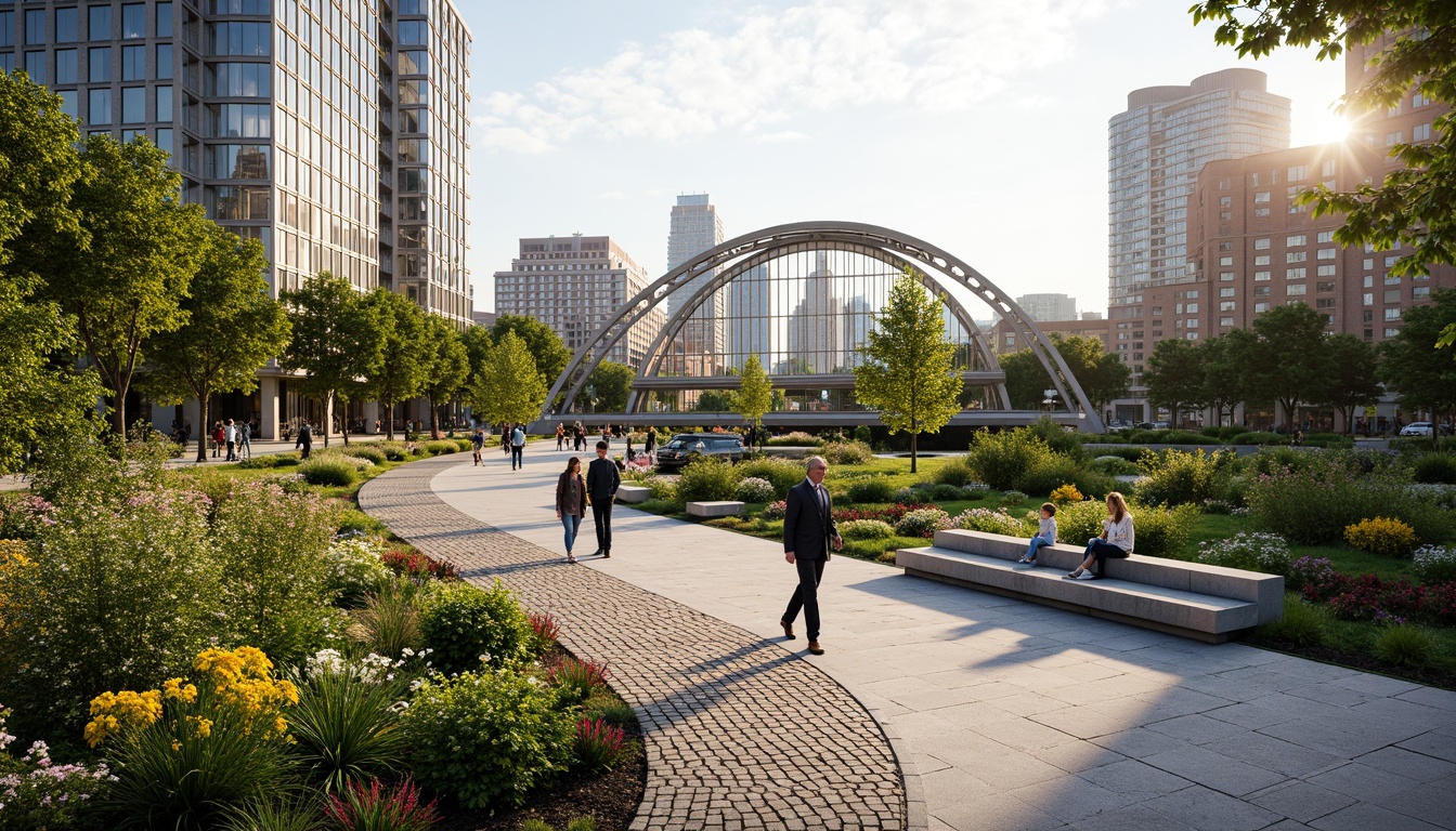 Prompt: Curved pedestrian bridge, lush greenery, vibrant flowers, natural stone walkways, wooden railings, modern architecture, sleek metal structures, glass floors, scenic city views, bustling urban atmosphere, soft warm lighting, shallow depth of field, 3/4 composition, panoramic view, realistic textures, ambient occlusion, integrated landscape design, native plant species, water features, public art installations, seating areas, accessible ramps, safety handrails.