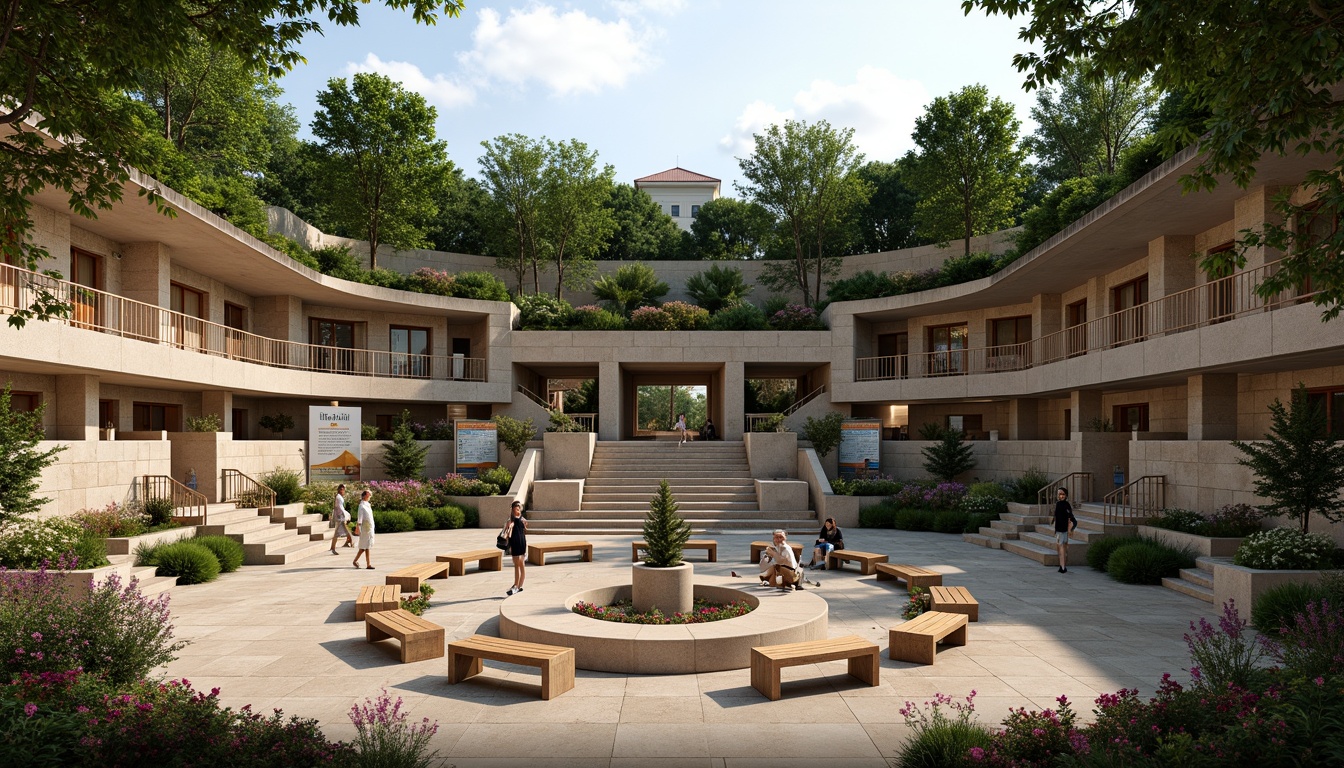 Prompt: Grand amphitheater, tiered seating, natural stone walls, lush greenery, vibrant flowers, wooden benches, educational signs, curved architecture, grand staircase, ornate railings, warm lighting, shallow depth of field, 3/4 composition, panoramic view, realistic textures, ambient occlusion.