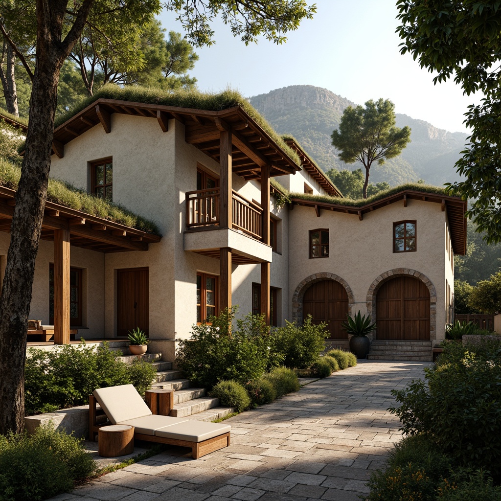 Prompt: Rustic monastery buildings, organic architecture, earthy tones, natural stone walls, wooden accents, curved lines, arched windows, stained glass details, intricate carvings, textured surfaces, rough-hewn stones, moss-covered roofs, lush greenery, serene atmosphere, soft warm lighting, shallow depth of field, 1/1 composition, realistic textures, ambient occlusion.