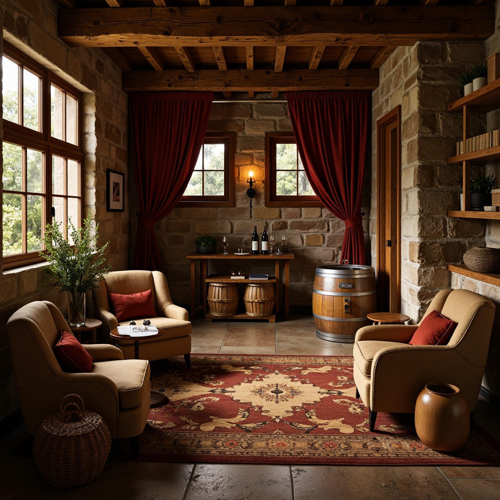 Prompt: Rustic winery interior, earthy tone fabrics, natural fiber upholstery, woven baskets, wooden accents, stone walls, dim warm lighting, cozy atmosphere, plush area rugs, rich velvet drapes, metallic wine barrels, wooden wine crates, vintage wine-making equipment, distressed wood shelving, soft golden lighting, shallow depth of field, 1/1 composition, realistic textures, ambient occlusion.