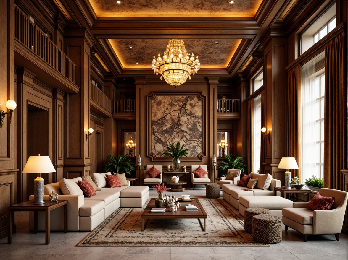 Prompt: Luxurious Art Deco apartment, opulent furnishings, rich wood paneling, metallic accents, ornate mirrors, lavish chandeliers, geometric patterns, bold color schemes, velvet drapes, marble floors, high ceilings, grand staircases, spacious living rooms, intimate dining areas, sleek kitchen islands, modern appliances, ample storage spaces, elegant bathrooms, freestanding tubs, rainfall showerheads, abundant natural light, soft warm glow, 1/1 composition, shallow depth of field, realistic textures, ambient occlusion.