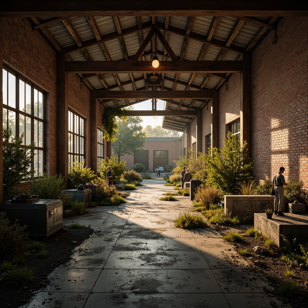 Prompt: Rustic industrial landscape, abandoned factories, distressed brick walls, corrugated metal roofs, worn wooden beams, vintage machinery, urban decay, overgrown vegetation, gritty urban atmosphere, warm golden lighting, shallow depth of field, 1/2 composition, cinematic view, realistic textures, ambient occlusion, nostalgic mood, retro-futuristic elements, exposed ductwork, concrete floors, steel columns, reclaimed wood accents, industrial chic aesthetic.