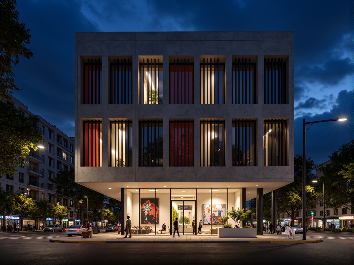 Prompt: Geometric hotel facade, asymmetrical composition, rectangular windows, industrial materials, raw concrete walls, steel beams, minimalist decor, functional simplicity, bold color accents, abstract artwork, urban cityscape, busy streets, modern streetlights, dramatic nighttime lighting, low-angle shot, 1/2 composition, high-contrast tone, cinematic atmosphere, brutalist architecture, clean lines, rectangular shapes, functional minimalism.