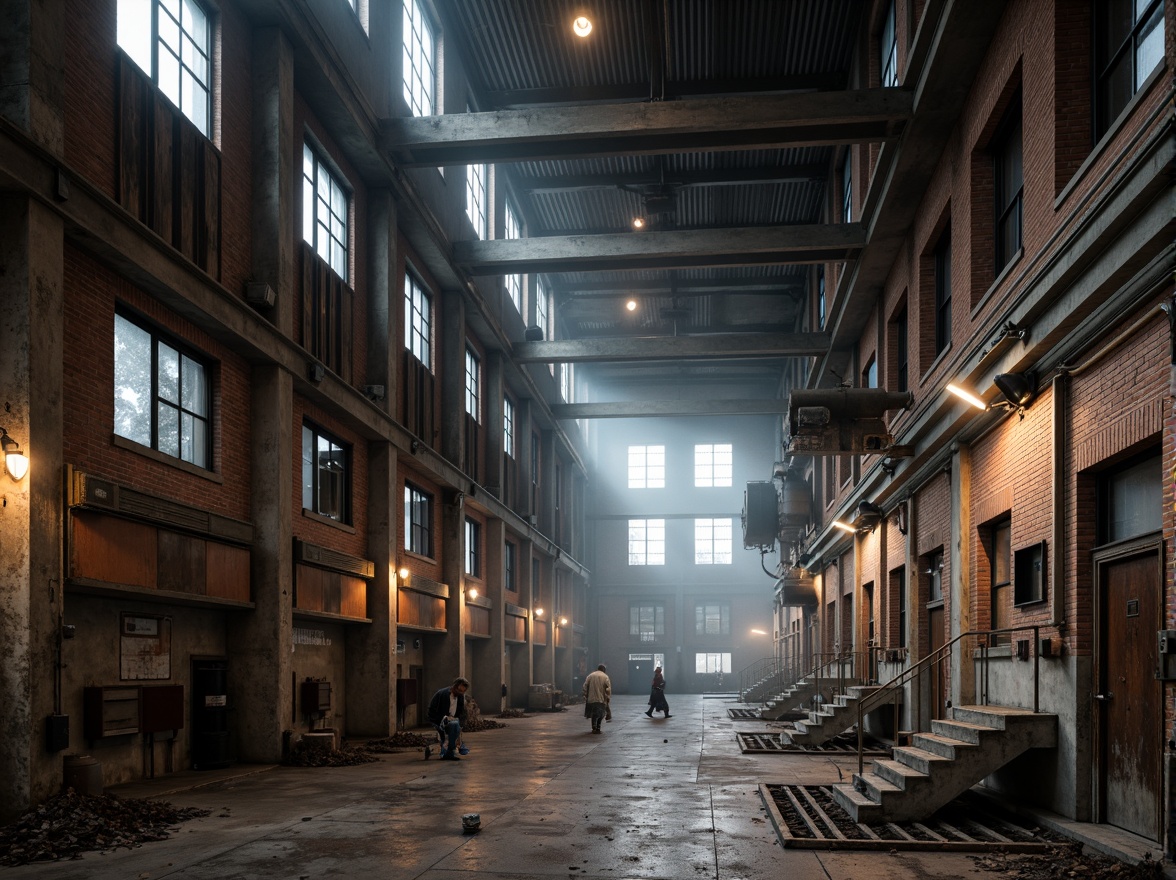 Prompt: Rustic industrial landscape, abandoned factories, distressed brick walls, metal beams, reclaimed wood accents, exposed ductwork, concrete floors, steel columns, urban decay, gritty textures, moody lighting, dramatic shadows, cinematic composition, 1/1 aspect ratio, high contrast, atmospheric fog, misty ambiance, functional pipes, mechanical equipment, industrial heritage, brutalist architecture, raw concrete forms, metallic tones, utilitarian design.