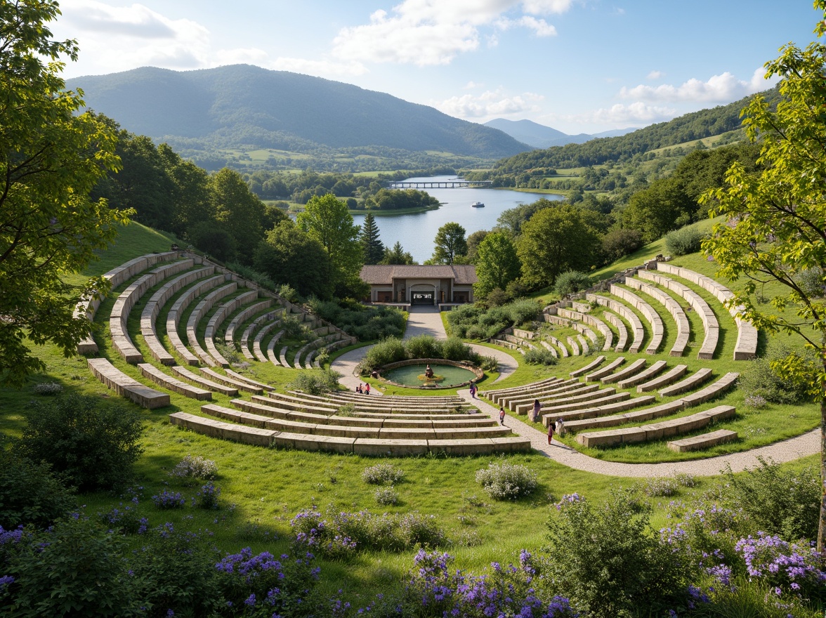 Prompt: Rolling hills, lush greenery, serene lake views, amphitheater structures, tiered seating, natural stone walls, wooden benches, scenic overlooks, walking trails, meandering streams, rustic bridges, vibrant wildflowers, sunny afternoon, soft warm lighting, shallow depth of field, 3/4 composition, panoramic view, realistic textures, ambient occlusion.