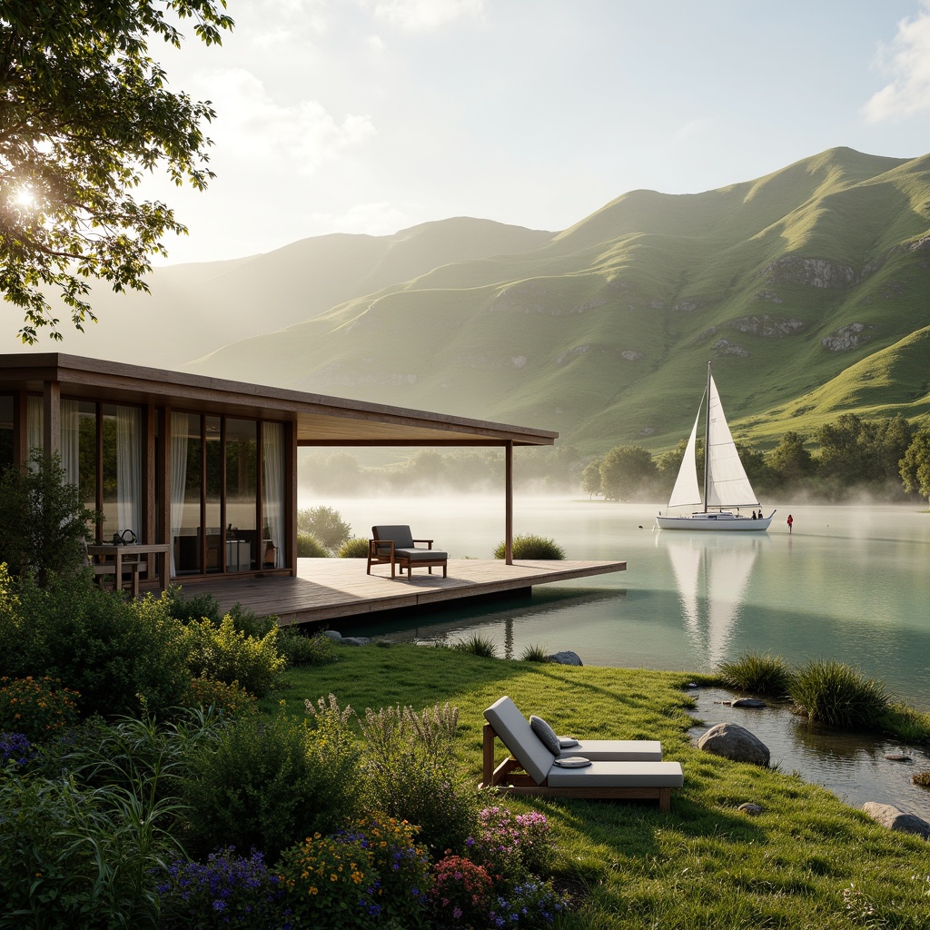 Prompt: Rolling hills, lush green meadows, serene lakeside, wooden docks, sailboats, misty morning, warm sunlight, soft focus, shallow depth of field, 3/4 composition, panoramic view, realistic textures, ambient occlusion, modern architecture, sleek lines, minimalist design, floor-to-ceiling windows, sliding glass doors, natural stone walls, wooden accents, cozy interior spaces, comfortable outdoor furniture, vibrant colorful textiles, intricate geometric patterns.