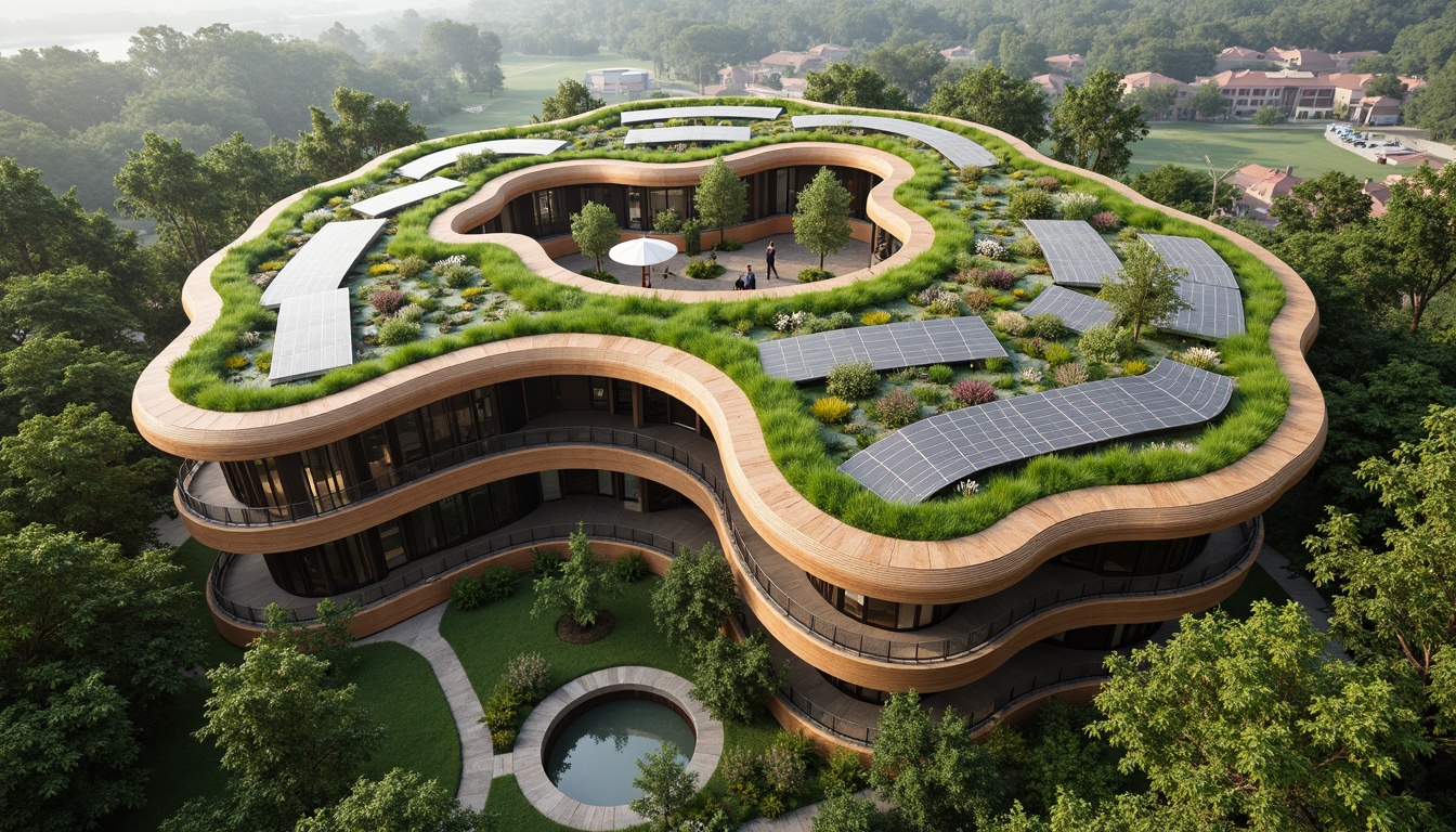 Prompt: Organic building form, curvaceous lines, biomimetic architecture, green roofs, living walls, breathing facades, natural ventilation systems, solar panels, wind turbines, recycled materials, reclaimed wood, earthy tones, moss-covered surfaces, lush vegetation, serene atmosphere, soft diffused lighting, shallow depth of field, 1/1 composition, realistic textures, ambient occlusion.