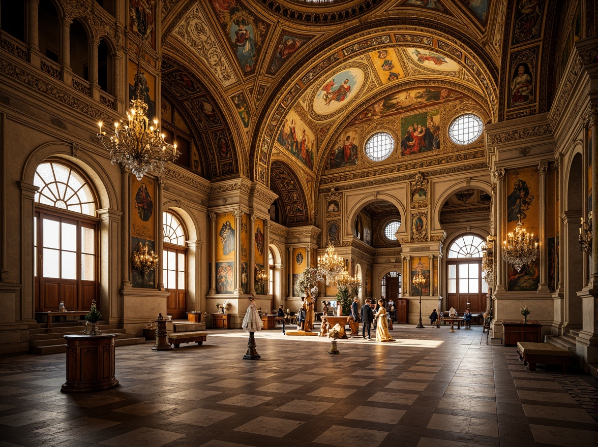 Prompt: Intricate mosaics, golden domes, ornate archways, lavish frescoes, richly patterned textiles, opulent marble floors, grandiose chandeliers, ornamental capitals, gilded accents, vibrant apse murals, majestic columns, elaborate iconography, mystical symbolism, warm candlelight, soft atmospheric lighting, shallow depth of field, 1/2 composition, realistic textures, ambient occlusion.