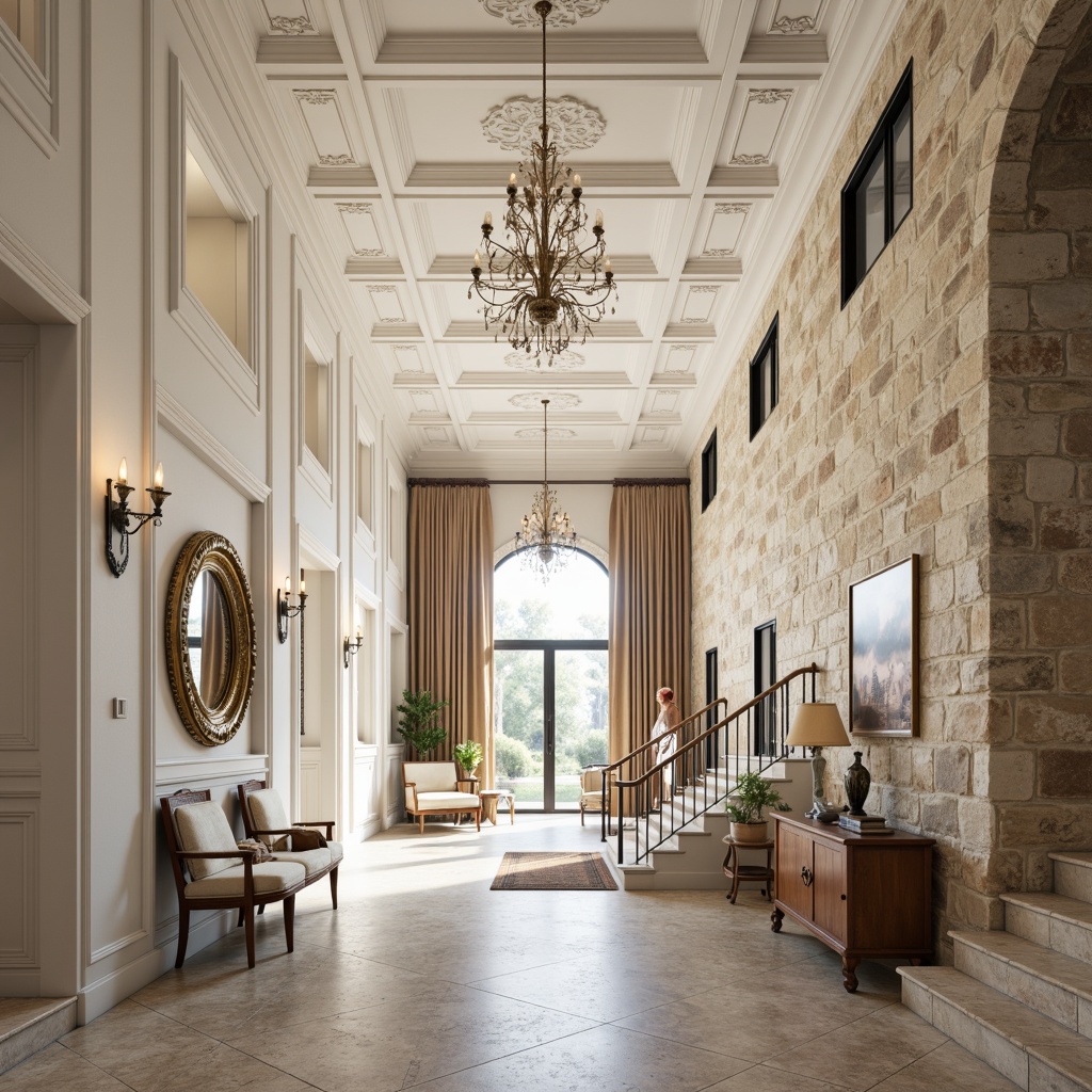 Prompt: Ornate plaster ceilings, decorative moldings, smooth white finishes, textured walls, rustic stone effects, Venetian plaster techniques, luxurious interior designs, grand entrance halls, sweeping staircases, elegant chandeliers, soft warm lighting, shallow depth of field, 3/4 composition, realistic textures, ambient occlusion.