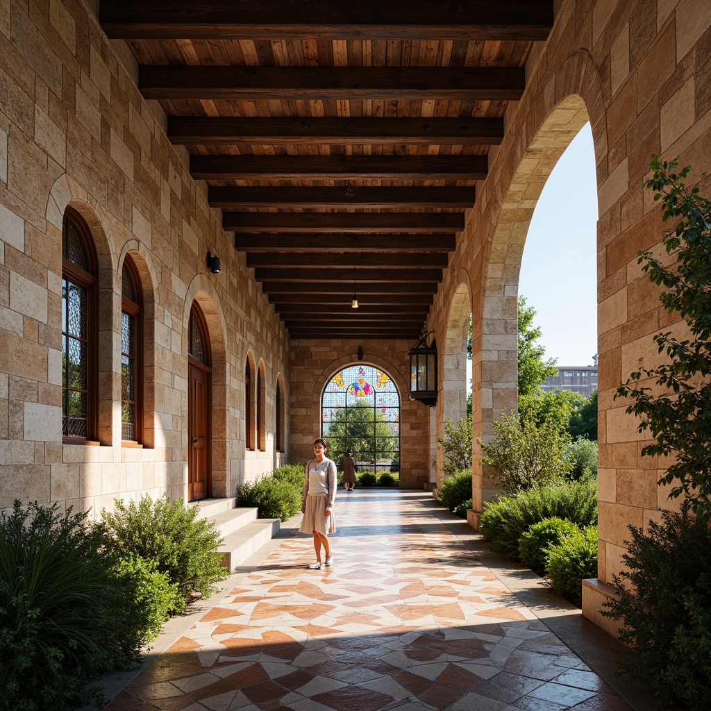 Prompt: Rustic stone walls, arched windows, ornate carvings, grand entrance halls, high ceilings, wooden beams, stained glass windows, vibrant colorful mosaics, intricate stone patterns, lush greenery, blooming flowers, sunny day, soft warm lighting, shallow depth of field, 3/4 composition, panoramic view, realistic textures, ambient occlusion.