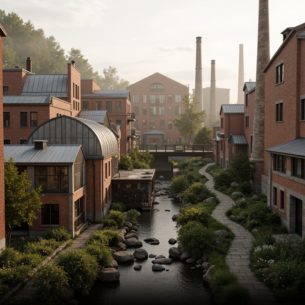 Prompt: Industrial factory complex, rustic brick buildings, corrugated metal roofs, worn concrete walls, vintage machinery, abandoned chimneys, overgrown vegetation, wildflowers, meandering streams, misty atmosphere, soft warm lighting, shallow depth of field, 3/4 composition, panoramic view, realistic textures, ambient occlusion, regionalism-inspired architecture, modern industrial design, functional spaces, exposed ductwork, metal catwalks, reclaimed wood accents, earthy color palette, natural stone pathways, weathered steel bridges.