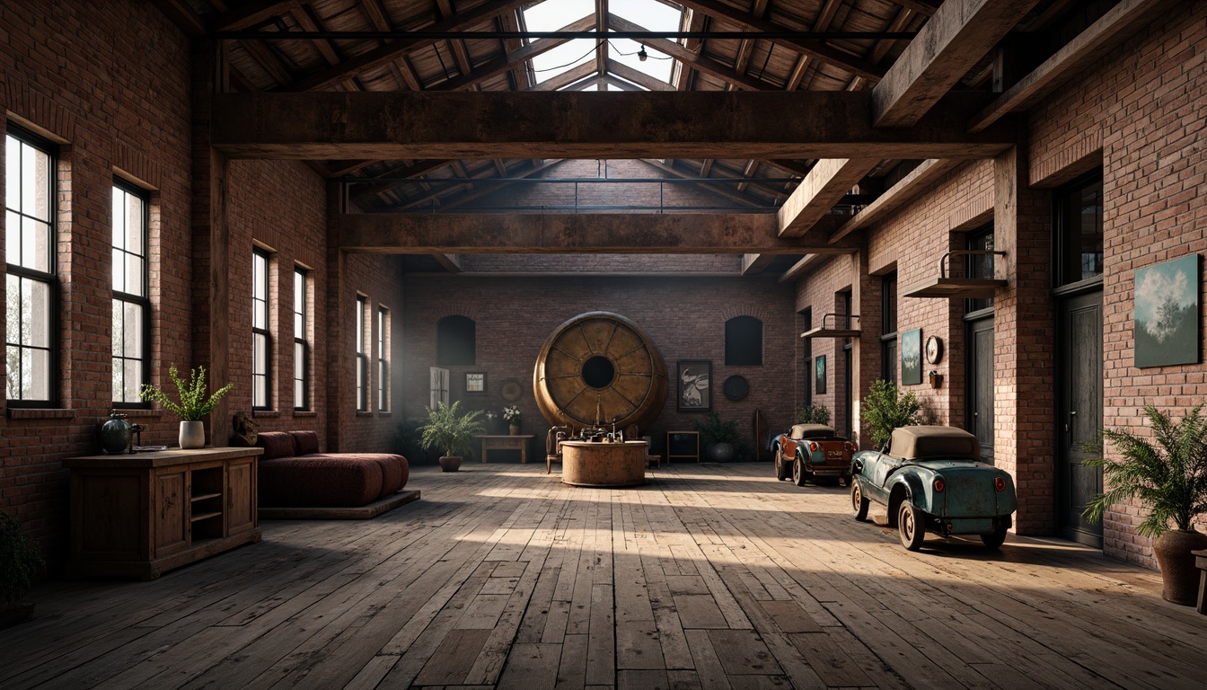 Prompt: Industrial factory setting, exposed brick walls, metal beams, worn wooden floors, vintage machinery, distressed textures, earthy tones, muted colors, rusty reds, weathered blues, faded yellows, industrial greys, urban atmosphere, gritty realism, high contrast lighting, dramatic shadows, cinematic composition, 1/2 camera angle, realistic renderings, ambient occlusion.