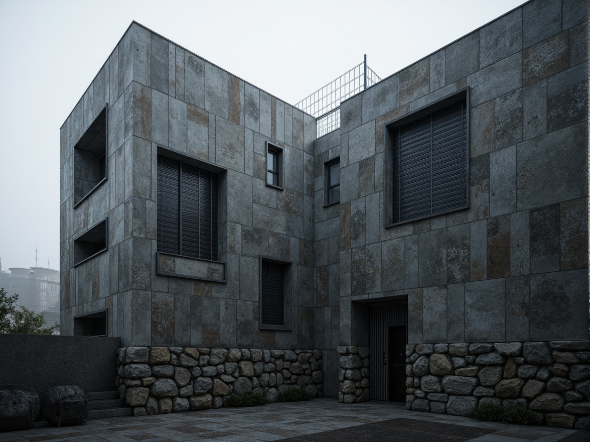 Prompt: Rough-hewn concrete walls, brutalist fa\u00e7ade, rugged stone textures, industrial metal accents, bold geometric shapes, fortress-like architecture, imposing structure, dramatic shading, moody atmospheric lighting, cinematic composition, 1/1 aspect ratio, high-contrast color palette, weathered exterior surfaces, distressed finishes, urban landscape, overcast sky, misty atmosphere, subtle camera movements, realistic renderings.