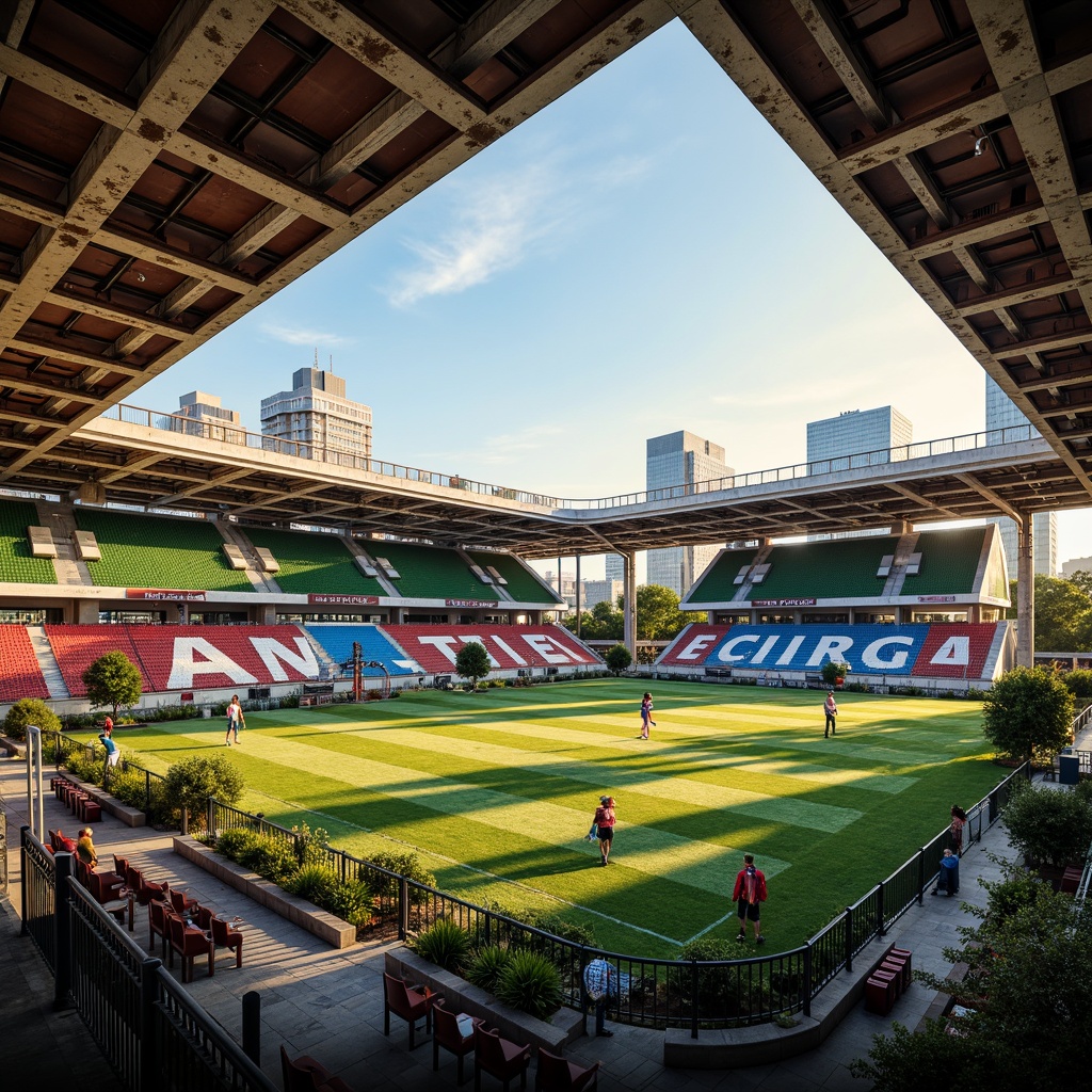 Prompt: Vibrant stadium, expressionist architecture, bold concrete structures, rough stone walls, rusty metal beams, distressed wood accents, abstract geometric patterns, dynamic lighting effects, intense color contrasts, dramatic shadows, atmospheric misting systems, lush greenery, artificial turf, sports equipment, goalposts, bleachers, spectator seats, urban cityscape backdrop, warm golden hour, cinematic composition, shallow depth of field, realistic textures, ambient occlusion.