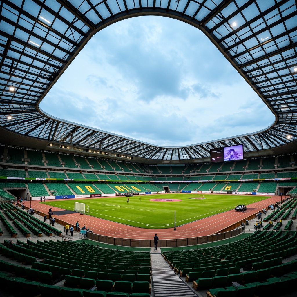 Prompt: Modern soccer stadium, sleek curved lines, cantilevered roofs, transparent glass facades, steel structures, vibrant green seats, lush grass fields, athletic tracks, scoreboard displays, floodlighting systems, evening ambiance, shallow depth of field, 1/1 composition, realistic textures, ambient occlusion, durable concrete flooring, weather-resistant exterior cladding, sound-absorbing interior materials, eco-friendly sustainable design, natural ventilation systems, spacious player lounges, state-of-the-art locker rooms.