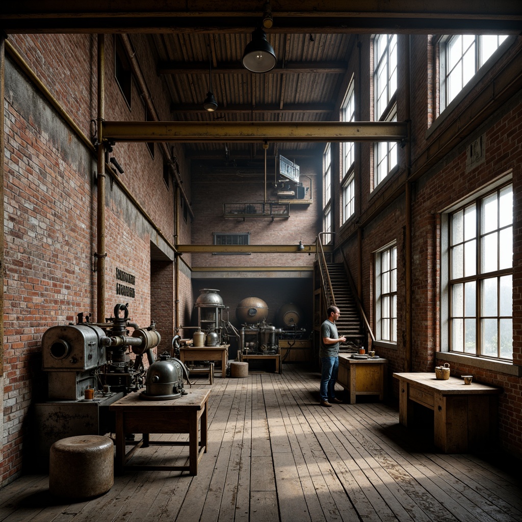 Prompt: Industrial factory setting, exposed brick walls, metal beams, worn wooden floors, vintage machinery, distressed textures, earthy tones, muted colors, rusty reds, weathered blues, faded yellows, industrial greys, urban atmosphere, gritty realism, high contrast lighting, dramatic shadows, cinematic composition, 1/2 camera angle, realistic renderings, ambient occlusion.