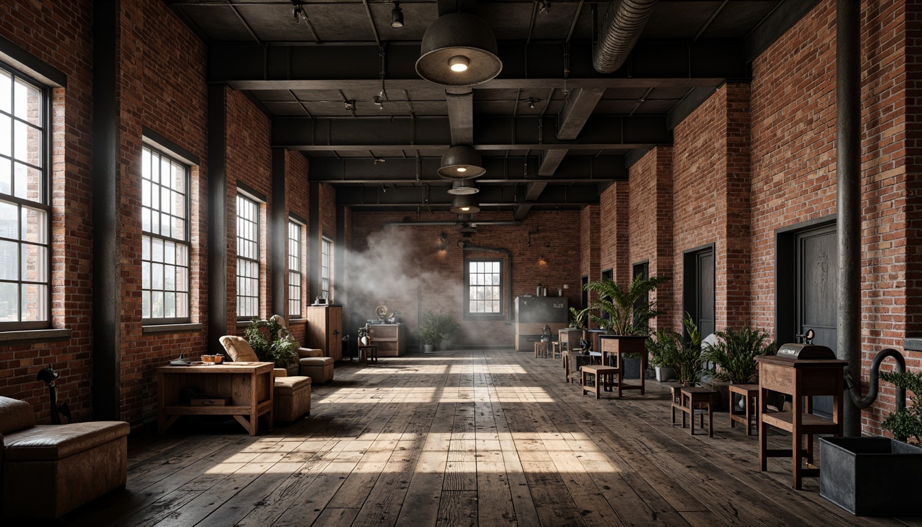 Prompt: Industrial factory setting, exposed brick walls, metal beams, worn wooden floors, vintage machinery, distressed textures, earthy tones, muted colors, rusty reds, weathered blues, faded yellows, industrial greys, urban atmosphere, gritty realism, high contrast lighting, dramatic shadows, cinematic composition, 1/2 camera angle, realistic renderings, ambient occlusion.