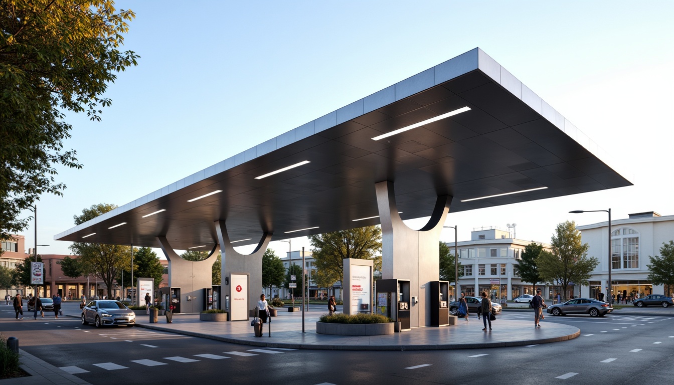 Prompt: Modern gas station, sleek canopy structure, minimalist design, angular lines, stainless steel beams, translucent roofing, natural ventilation, LED lighting, futuristic fuel pumps, digital signage, urban landscape, busy streets, morning sunlight, shallow depth of field, 1/1 composition, realistic textures, ambient occlusion.