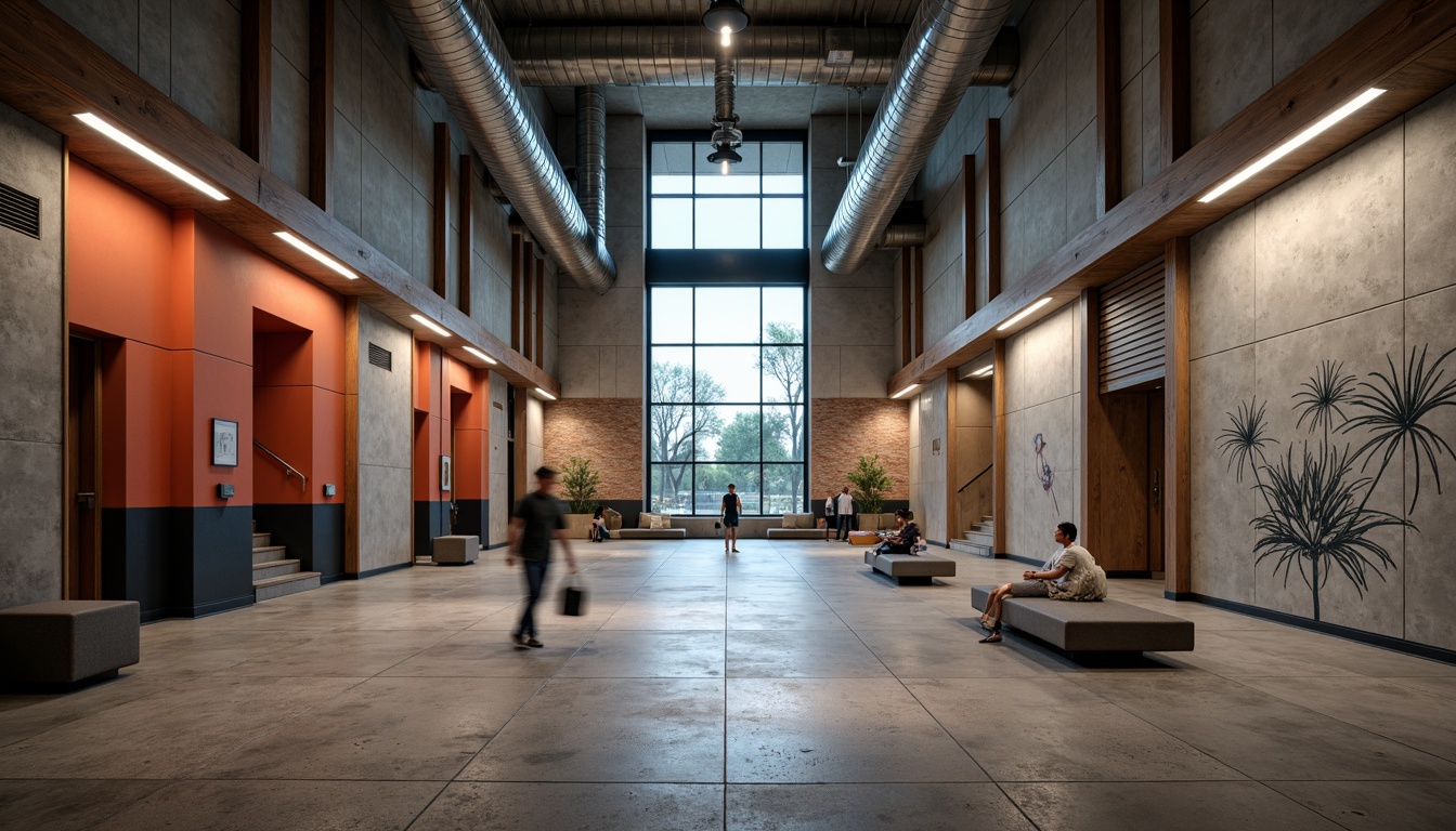 Prompt: Rough-hewn concrete walls, exposed ductwork, industrial metal beams, polished wooden accents, bold color blocking, natural stone flooring, brutalist architecture, middle school setting, educational murals, urban landscape views, overcast skies, dramatic shadows, high-contrast lighting, 1/1 composition, symmetrical framing, gritty textures, ambient occlusion.