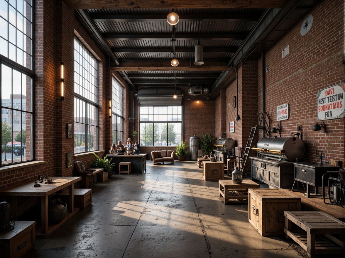 Prompt: Rustic industrial factory, exposed brick walls, metallic beams, reclaimed wood accents, distressed concrete floors, vintage machinery, urban cityscape, cloudy grey sky, warm soft lighting, shallow depth of field, 1/1 composition, realistic textures, ambient occlusion, worn wooden crates, old-fashioned lanterns, faded signage, eclectic mix of materials, post-industrial aesthetic, nostalgic atmosphere.