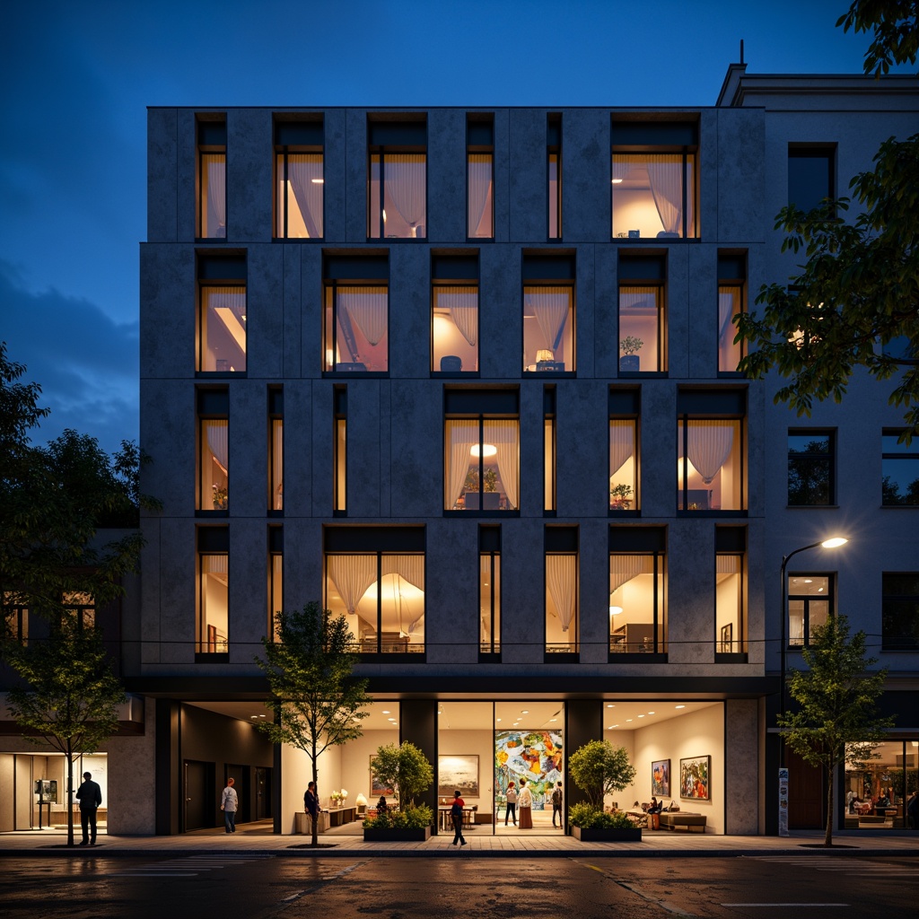 Prompt: Geometric hotel facade, asymmetrical composition, rectangular windows, industrial materials, raw concrete walls, steel beams, minimalist decor, functional simplicity, bold color accents, abstract artwork, urban cityscape, busy streets, modern streetlights, dramatic nighttime lighting, low-angle shot, 1/2 composition, high-contrast tone, cinematic atmosphere, brutalist architecture, clean lines, rectangular shapes, functional minimalism.