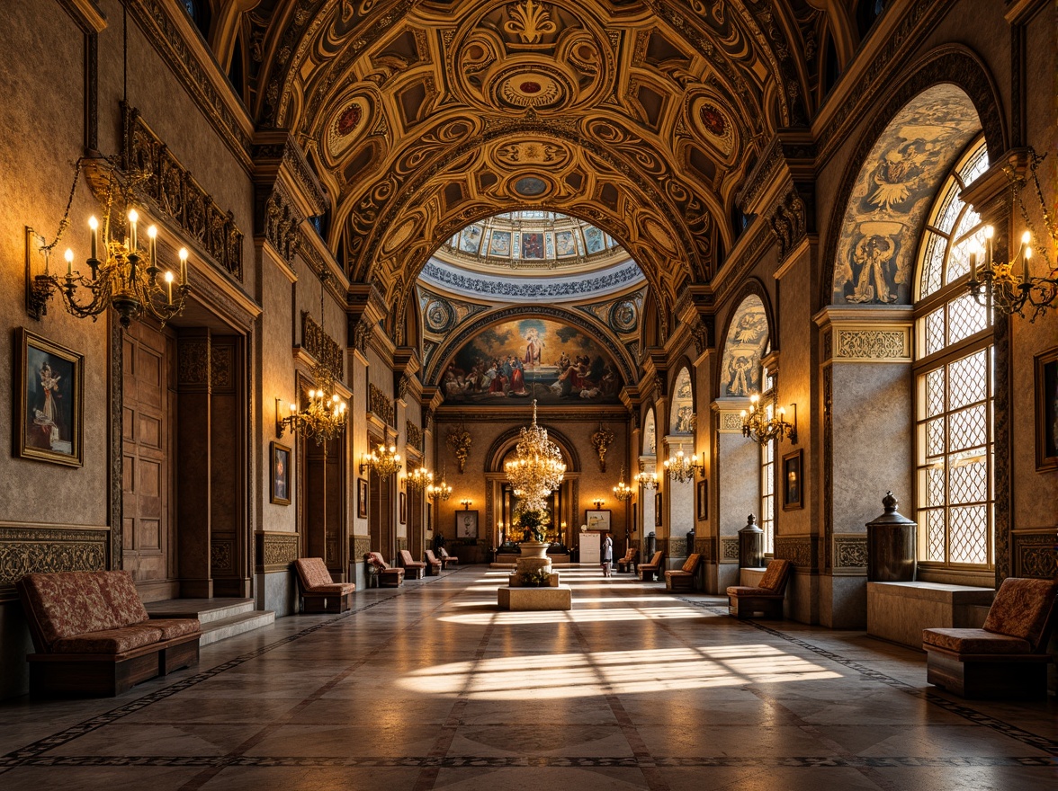 Prompt: Intricate mosaics, golden domes, ornate archways, lavish frescoes, richly patterned textiles, opulent marble floors, grandiose chandeliers, ornamental capitals, gilded accents, vibrant apse murals, majestic columns, elaborate iconography, mystical symbolism, warm candlelight, soft atmospheric lighting, shallow depth of field, 1/2 composition, realistic textures, ambient occlusion.