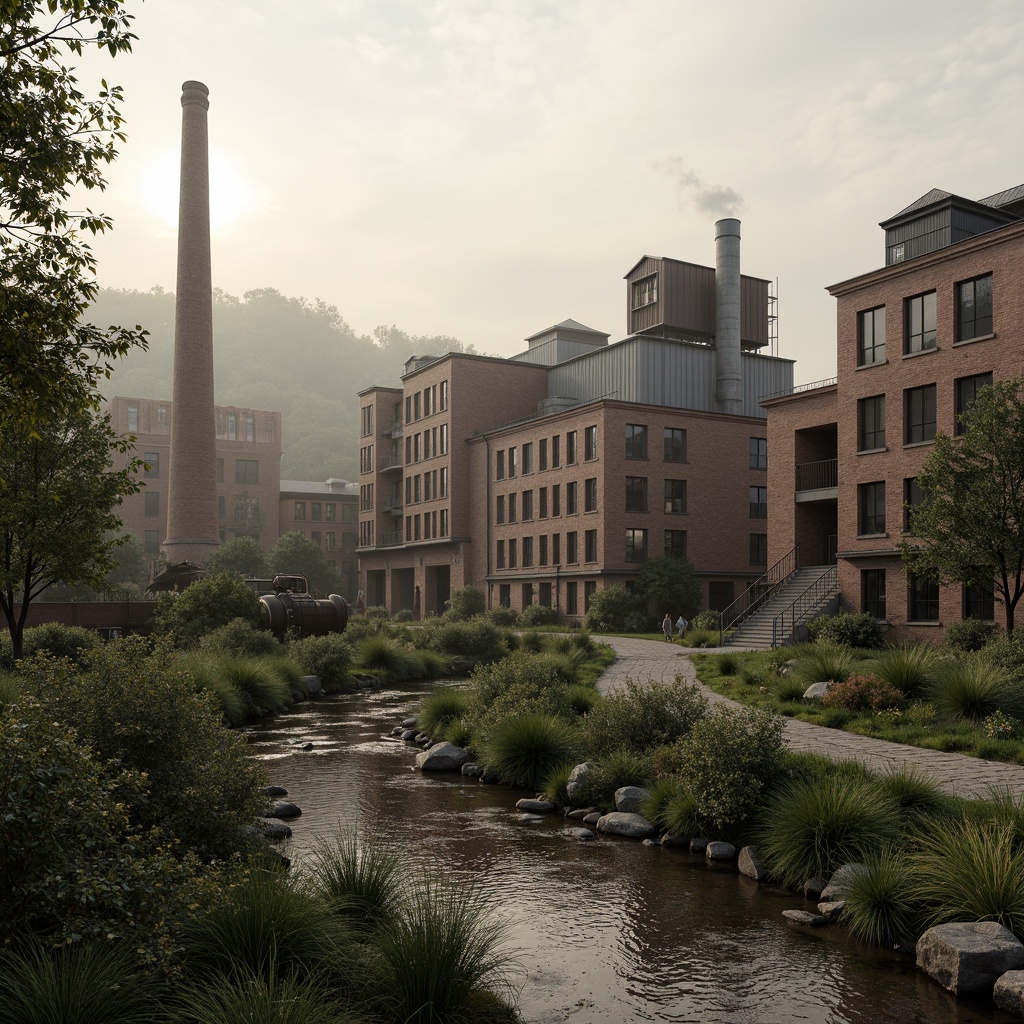 Prompt: Industrial factory complex, rustic brick buildings, corrugated metal roofs, worn concrete walls, vintage machinery, abandoned chimneys, overgrown vegetation, wildflowers, meandering streams, misty atmosphere, soft warm lighting, shallow depth of field, 3/4 composition, panoramic view, realistic textures, ambient occlusion, regionalism-inspired architecture, modern industrial design, functional spaces, exposed ductwork, metal catwalks, reclaimed wood accents, earthy color palette, natural stone pathways, weathered steel bridges.