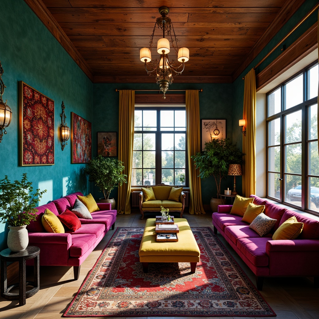 Prompt: Vibrant eclectic interior, rich velvet fabrics, bold patterned rugs, distressed wooden furniture, ornate metal accents, lavish chandeliers, warm golden lighting, soft focus, shallow depth of field, 1/1 composition, realistic textures, ambient occlusion, bohemian-inspired colors, deep blues, emerald greens, mustard yellows, crimson reds, luxurious purples, metallic silvers, rich bronzes.