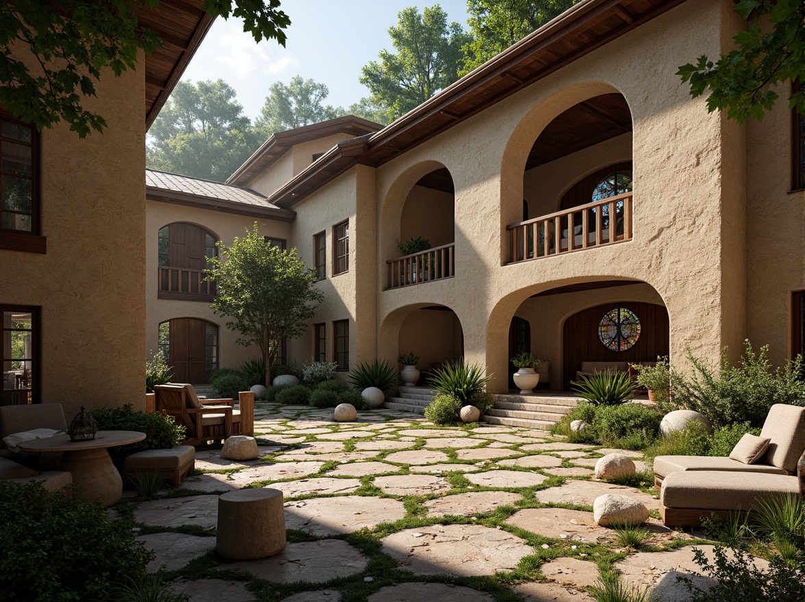 Prompt: Rustic monastery buildings, organic architecture, earthy tones, natural stone walls, wooden accents, curved lines, arched windows, stained glass details, intricate carvings, textured surfaces, rough-hewn stones, moss-covered roofs, lush greenery, serene atmosphere, soft warm lighting, shallow depth of field, 1/1 composition, realistic textures, ambient occlusion.