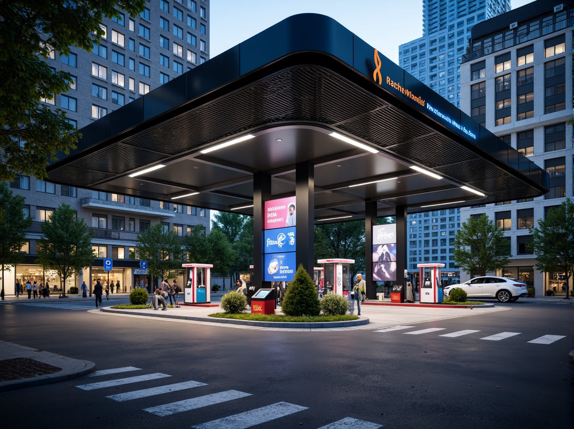 Prompt: Futuristic gas station, sleek metal facade, neon LED lights, angular lines, minimalist design, high-tech equipment, digital displays, touchless payment systems, modern fuel pumps, stainless steel canopies, cantilevered roofs, green walls, living trees, urban landscape, busy streets, vibrant city lights, shallow depth of field, 1/1 composition, realistic textures, ambient occlusion.