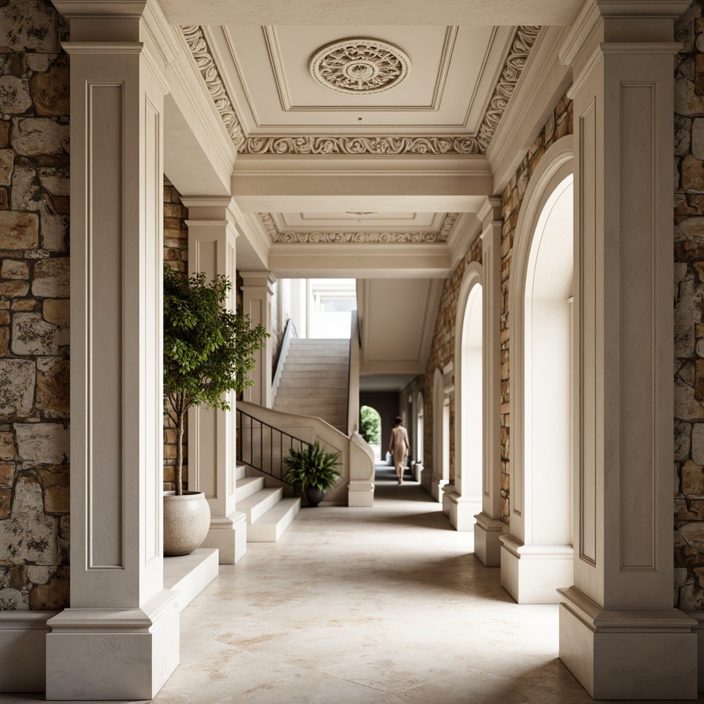 Prompt: Ornate plaster ceilings, decorative moldings, smooth white finishes, textured surfaces, rustic stone walls, classical architectural details, grand entrance halls, sweeping staircases, luxurious interior design, soft warm lighting, shallow depth of field, 3/4 composition, realistic textures, ambient occlusion.