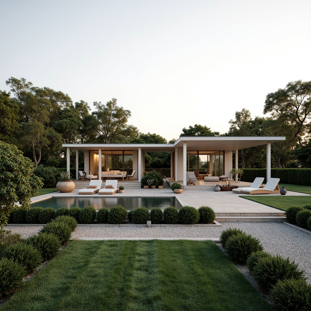 Prompt: Sleek villa, minimalist architecture, clean lines, simple forms, neutral color palette, lush greenery, trimmed hedges, manicured lawns, gravel pathways, natural stone walls, wooden decks, modern outdoor furniture, geometric planters, succulent arrangements, serene ambiance, soft warm lighting, shallow depth of field, 3/4 composition, panoramic view, realistic textures, ambient occlusion.