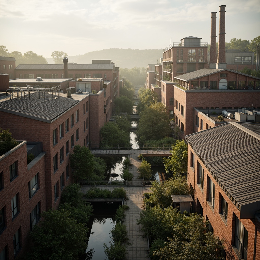 Prompt: Industrial factory complex, rustic brick buildings, corrugated metal roofs, worn concrete walls, vintage machinery, abandoned chimneys, overgrown vegetation, wildflowers, meandering streams, misty atmosphere, soft warm lighting, shallow depth of field, 3/4 composition, panoramic view, realistic textures, ambient occlusion, regionalism-inspired architecture, modern industrial design, functional spaces, exposed ductwork, metal catwalks, reclaimed wood accents, earthy color palette, natural stone pathways, weathered steel bridges.