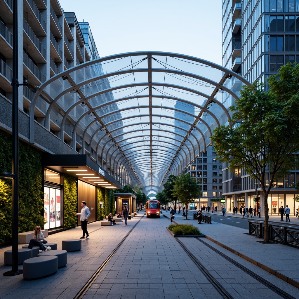 Prompt: Futuristic tram station, curved canopy structure, sleek metal framework, translucent glass roof, vibrant LED lighting, urban cityscape, bustling streets, modern transportation hub, efficient passenger flow, comfortable waiting areas, greenery walls, natural ventilation systems, cantilevered seating, minimalist benches, real-time information displays, dynamic advertising screens, shallow depth of field, 1/1 composition, panoramic view, realistic textures, ambient occlusion.