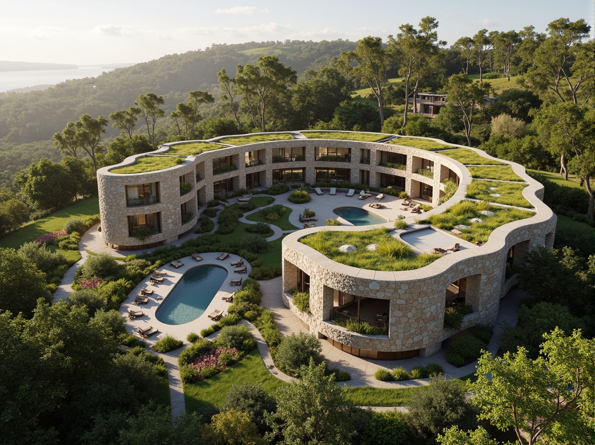 Prompt: Harmonious building integration, lush green roofs, verdant walls, natural stone facades, curved lines, organic shapes, seamless transitions, outdoor living spaces, infinity pools, water features, walking trails, native plant species, bird's eye view, 1/1 composition, soft warm lighting, shallow depth of field, realistic textures, ambient occlusion.