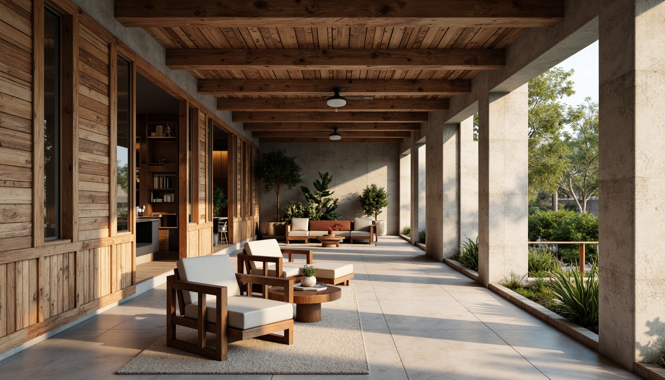 Prompt: Weathered wooden accents, reclaimed wood textures, earthy color palette, natural stone walls, exposed concrete structures, industrial metal frames, minimalist decor, functional simplicity, abundant natural light, soft warm ambiance, shallow depth of field, 1/1 composition, realistic material rendering, ambient occlusion.