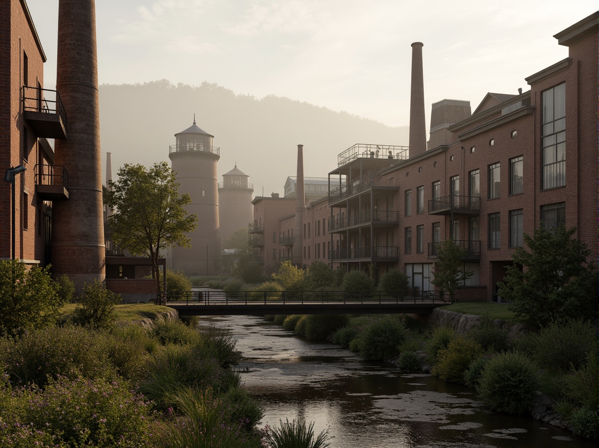 Prompt: Industrial factory complex, rustic brick buildings, corrugated metal roofs, worn concrete walls, vintage machinery, abandoned chimneys, overgrown vegetation, wildflowers, meandering streams, misty atmosphere, soft warm lighting, shallow depth of field, 3/4 composition, panoramic view, realistic textures, ambient occlusion, regionalism-inspired architecture, modern industrial design, functional spaces, exposed ductwork, metal catwalks, reclaimed wood accents, earthy color palette, natural stone pathways, weathered steel bridges.