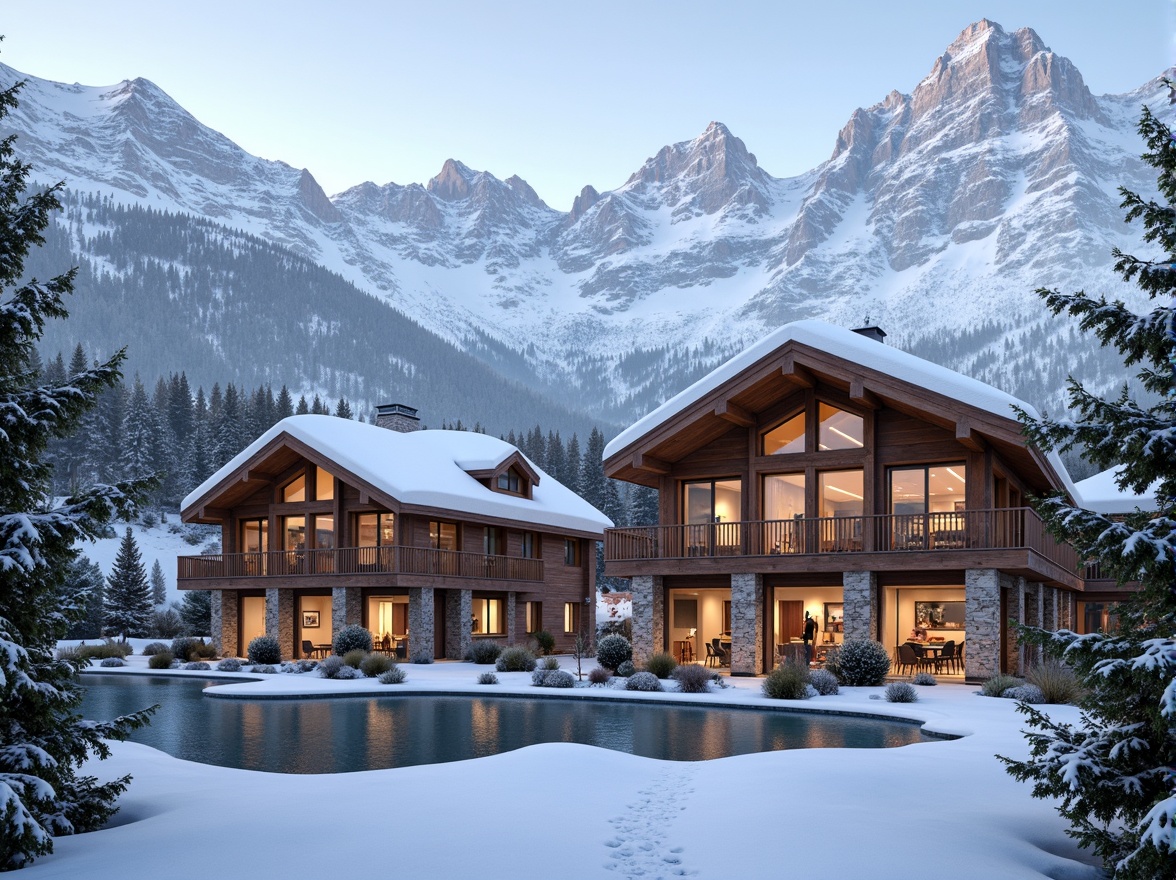 Prompt: Snow-capped mountain peaks, frosty winter air, wooden ski center buildings, rustic stone foundations, sloping roofs, snow-covered rooftops, wooden balconies, large windows, warm cozy interiors, crackling fireplaces, wooden beams, natural materials, earthy color palette, rugged textures, snowy landscapes, frozen lakes, pine trees, misty mornings, soft warm lighting, shallow depth of field, 3/4 composition, realistic textures, ambient occlusion.