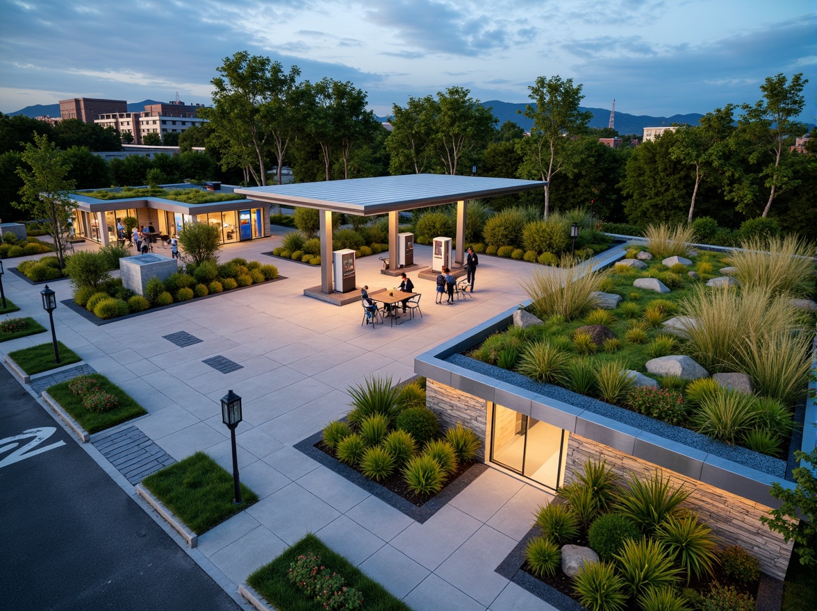 Prompt: Vibrant gas station, lush green roofs, native plant species, natural stone walls, modern architecture, sleek metal canopies, LED lighting, eco-friendly fueling systems, solar panels, rainwater harvesting systems, permeable pavement, stormwater management, outdoor seating areas, shaded walkways, pedestrian-friendly access, wheelchair-accessible ramps, clear signage, wayfinding graphics, warm color scheme, soft evening lighting, shallow depth of field, 3/4 composition, panoramic view, realistic textures, ambient occlusion.