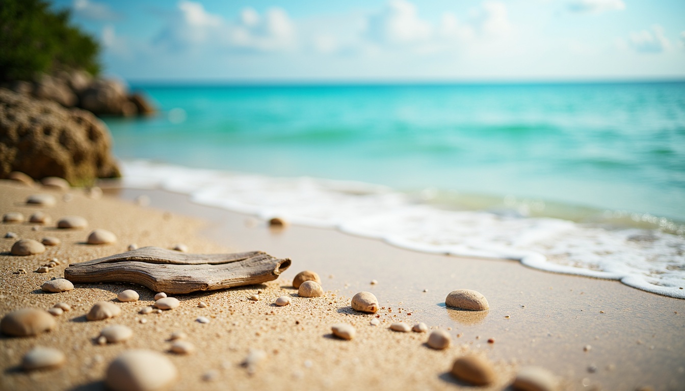 Prompt: Warm sandy shores, crystal-clear turquoise waters, seashell fragments, driftwood textures, ocean breeze, sunny day, soft warm lighting, shallow depth of field, 3/4 composition, panoramic view, realistic textures, ambient occlusion, calming color palette, soothing blues and whites, natural earthy tones, weathered wood accents, sea-salt air, gentle wave movements, beachy vibes.