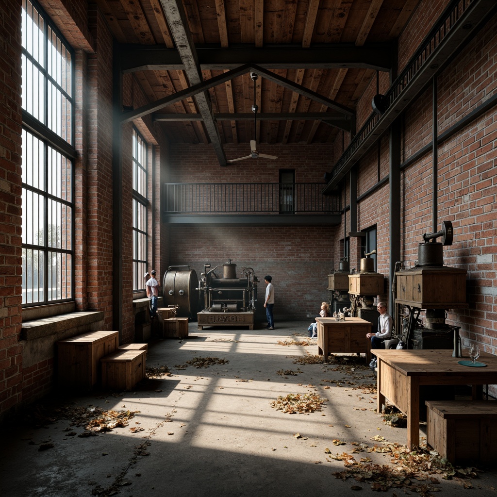 Prompt: Industrial factory setting, exposed brick walls, metal beams, worn wooden floors, vintage machinery, distressed textures, earthy tones, muted colors, rusty reds, weathered blues, faded yellows, industrial greys, urban atmosphere, gritty realism, high contrast lighting, dramatic shadows, cinematic composition, 1/2 camera angle, realistic renderings, ambient occlusion.