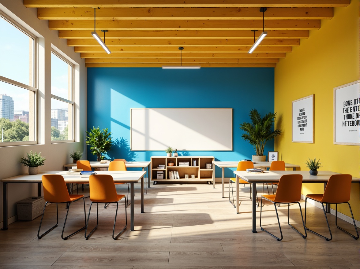 Prompt: Vibrant classroom, stimulating colors, energetic yellow accents, calming blue tones, neutral beige backgrounds, inspirational quotes, educational posters, interactive whiteboards, modern furniture designs, ergonomic chairs, collaborative learning spaces, natural light pouring in, soft warm lighting, shallow depth of field, 3/4 composition, realistic textures, ambient occlusion.