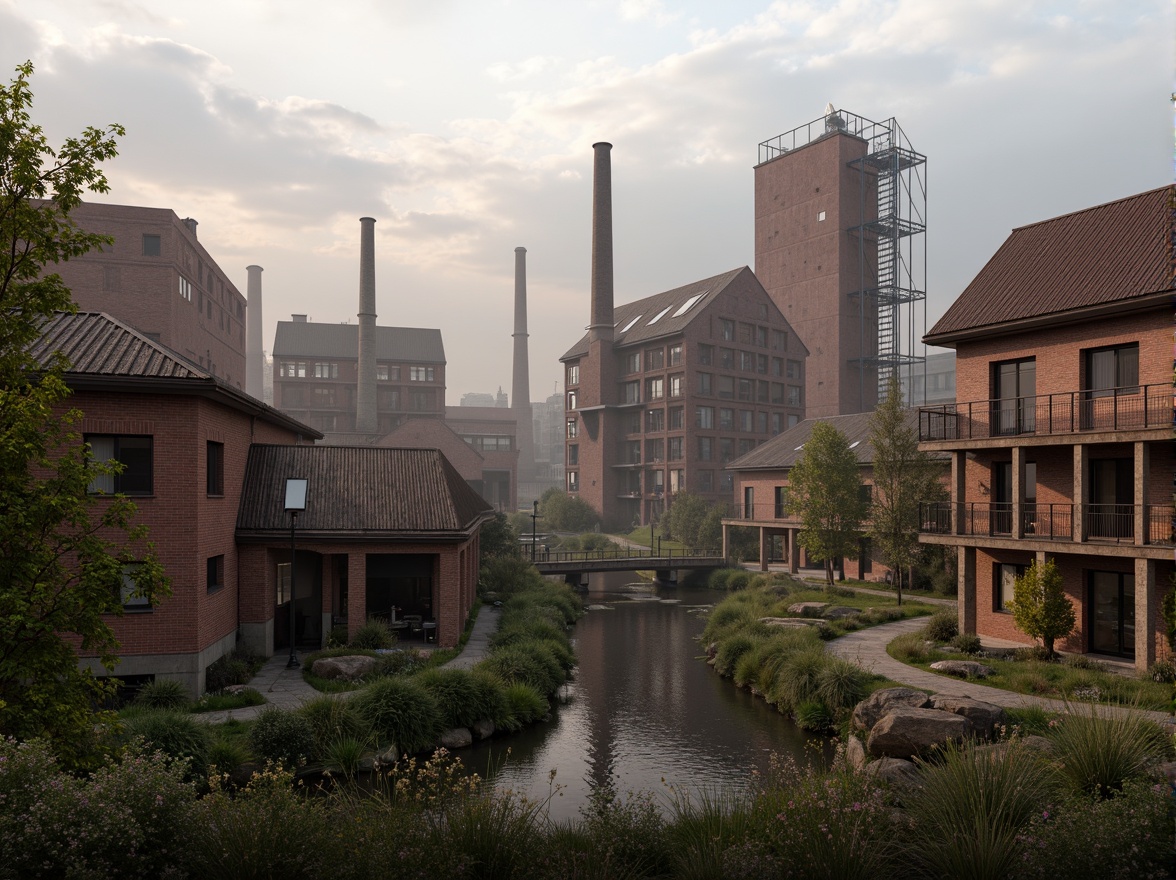 Prompt: Industrial factory complex, rustic brick buildings, corrugated metal roofs, worn concrete walls, vintage machinery, abandoned chimneys, overgrown vegetation, wildflowers, meandering streams, misty atmosphere, soft warm lighting, shallow depth of field, 3/4 composition, panoramic view, realistic textures, ambient occlusion, regionalism-inspired architecture, modern industrial design, functional spaces, exposed ductwork, metal catwalks, reclaimed wood accents, earthy color palette, natural stone pathways, weathered steel bridges.