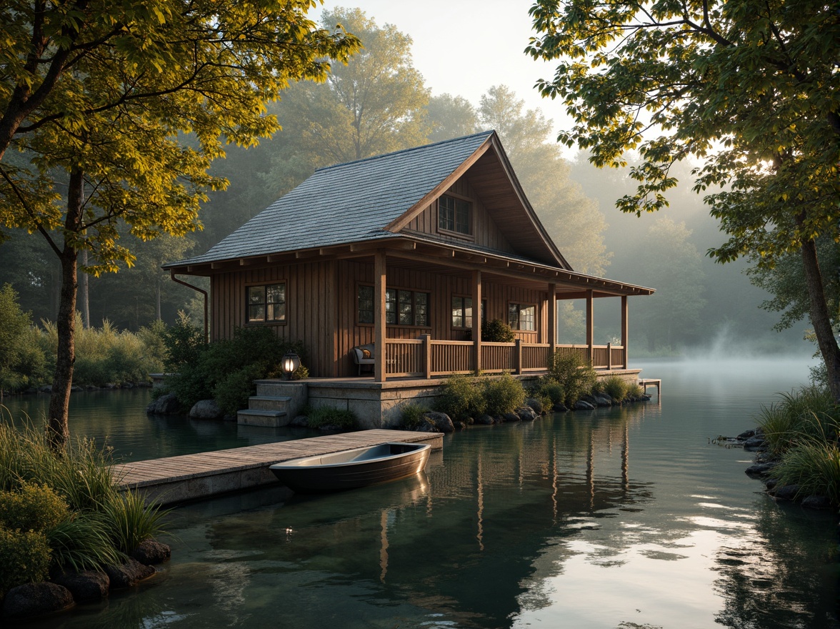 Prompt: Rustic boathouse, wooden dock, serene lake waters, lush greenery, overhanging trees, vintage nautical elements, distressed wood textures, earthy color palette, natural stone foundations, classic architectural details, ornate metalwork, lantern-style lighting, warm golden hour, soft misty atmosphere, shallow depth of field, 1/2 composition, symmetrical framing, realistic water reflections, ambient occlusion.