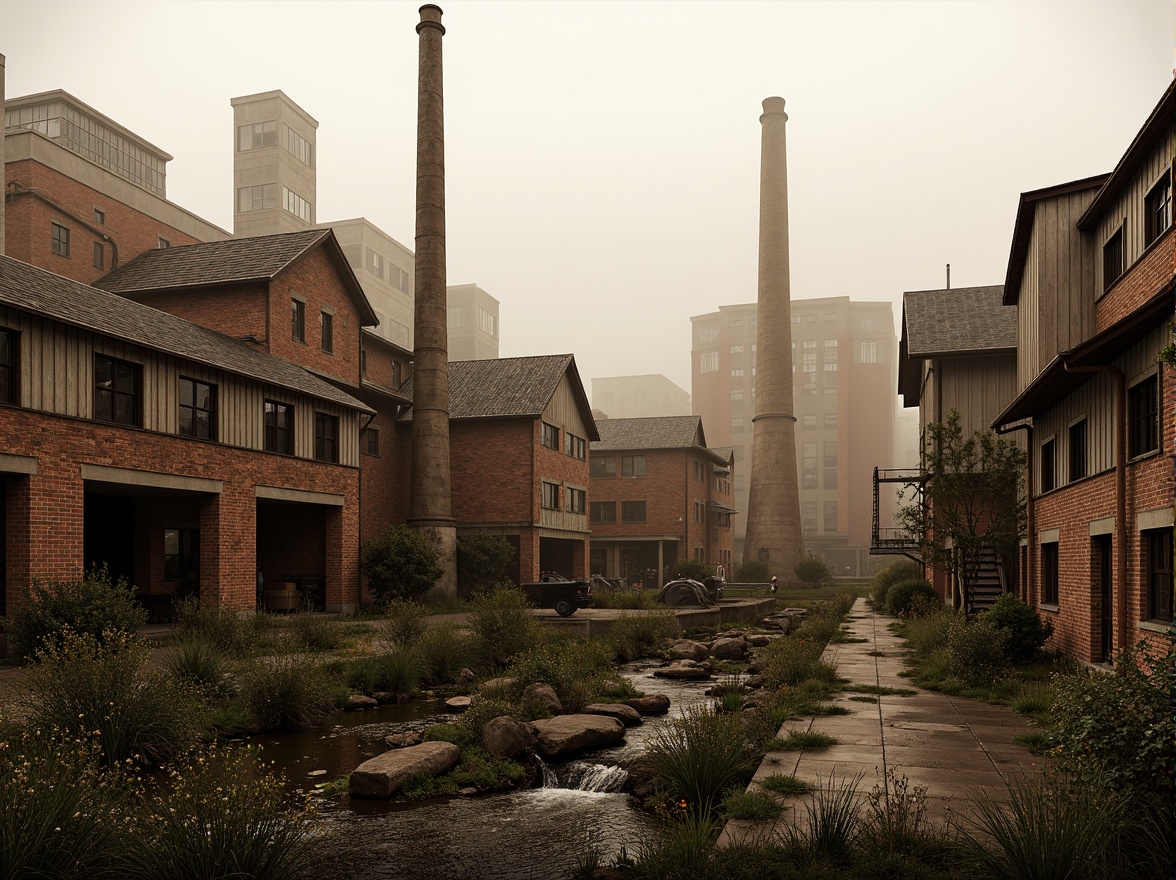 Prompt: Industrial factory complex, rustic brick buildings, corrugated metal roofs, worn concrete walls, vintage machinery, abandoned chimneys, overgrown vegetation, wildflowers, meandering streams, misty atmosphere, soft warm lighting, shallow depth of field, 3/4 composition, panoramic view, realistic textures, ambient occlusion, regionalist architectural style, functional simplicity, earthy color palette, distressed finishes, reclaimed wood accents, metal cladding, industrial heritage, nostalgic ambiance.